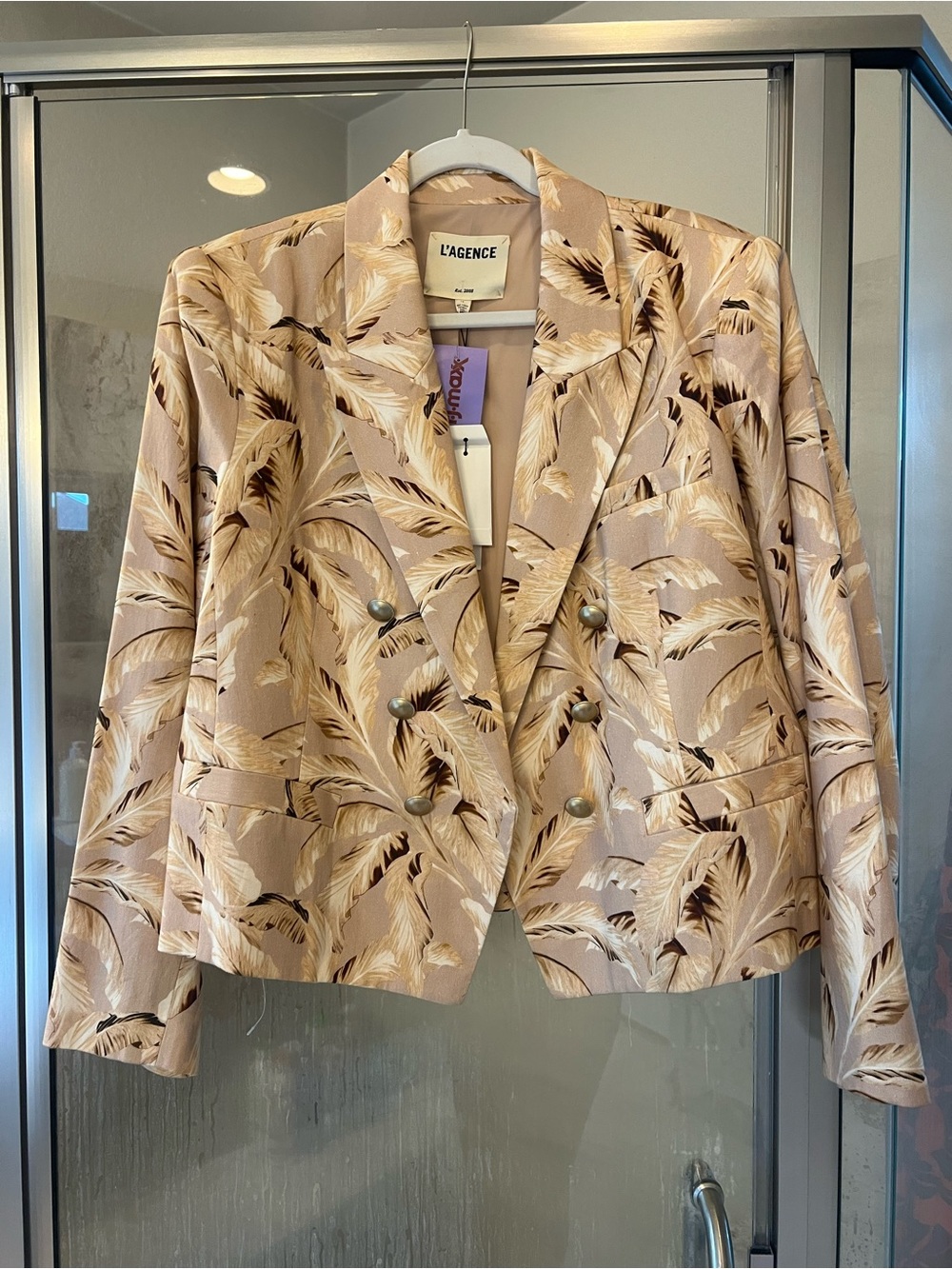 L'AGENCE Beige Feather-Print Double-Breasted Blazer with Cream Accents